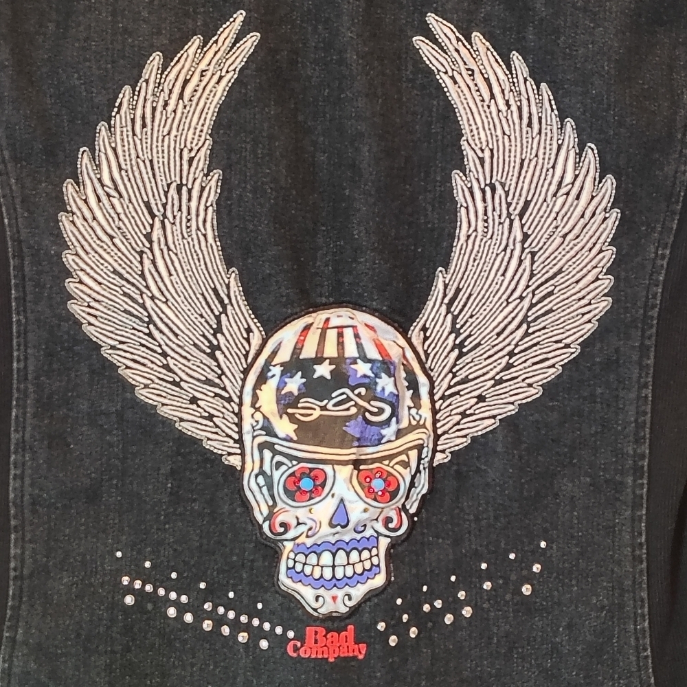 RIDERDIE WOMEN'S MEDIUM SKULL & WINGS SLEEVELESS ZIPPERED EMBROIDERED BIKER TOP